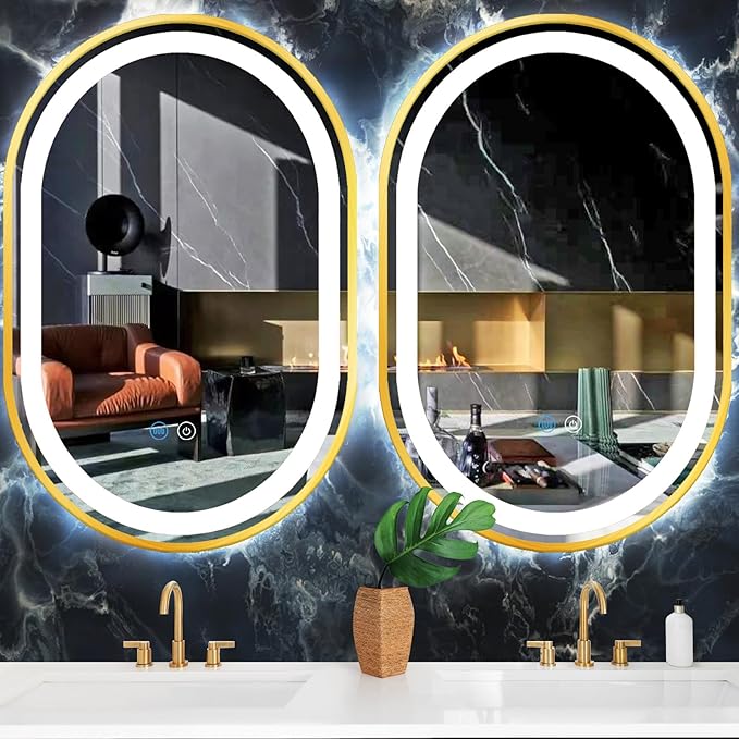 20 x 32 Inch Gold Oval LED Vanity Mirror with Lights Smart Memory 3 Color Dimmable Anti-Fog 32 Inch Gold Frame Oval Lighted Mirror for Bathroom Wall LED Ovals Mirror with Lights Golden Frame