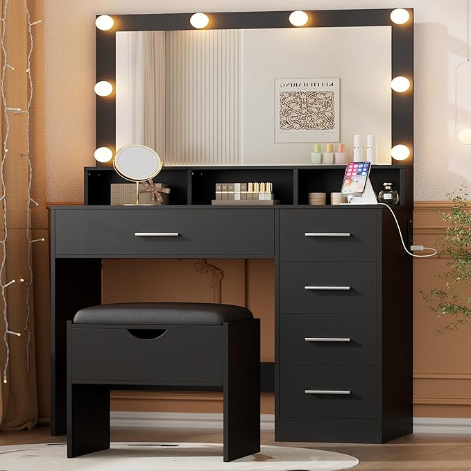 Vanity Desk with Mirror and Lights, 35.43" Large Mirror Makeup Table with Stool, 5 Drawers Dressing Table for Girls and Ladies Bedroom, Black