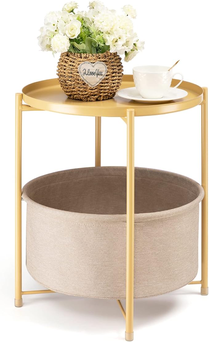 danpinera Round Side Table with Fabric Storage Basket, Metal Side Table Small Bedside Nightstand with Removable Tray Top for Living Room, Bedroom, Nursery, Laundry, Pale Yellow