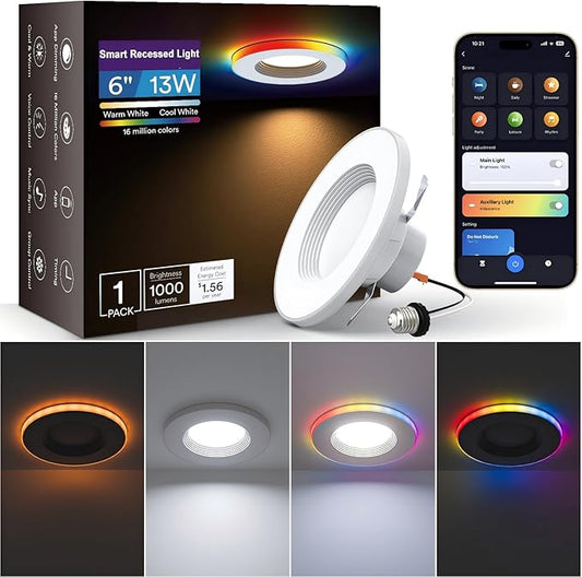Grace Smart Recessed Lighting 6 Inch, RGBCW LED Can Lights with Night Light, Retrofit Downlight Works with Alexa/Google, 2700K-6500K Dimmable Color Changing Ceiling Light for Bedroom Living Room,1Pack