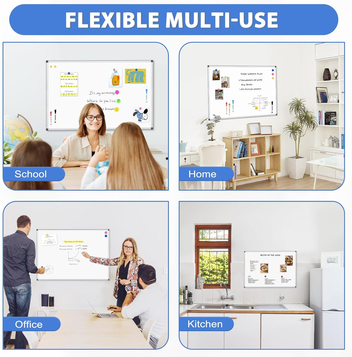 WALGLASS 4 Pack White Board, 36" x 24" Double-Sided Dry Erase White Board for Wall, Hanging Mounted Whiteboard, Horizontal or Vertical Silver Aluminium Frame for Home, School, Office, Kitchen