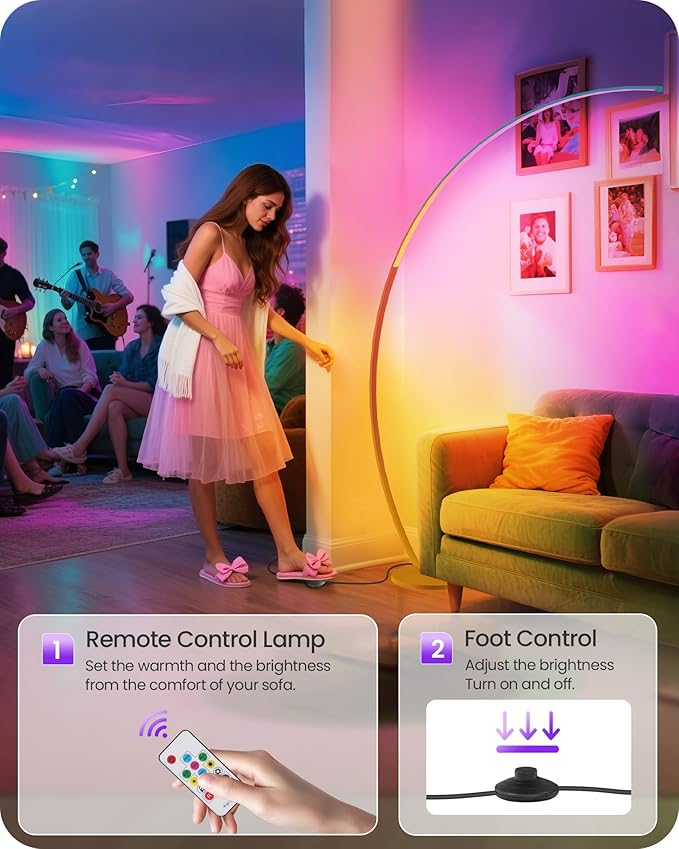 RGBW Floor Lamp, 75 inch Standing Tall Lamp, Dimmable Arc Floor Lamp for Living Room with Foot and Remote Control, 18 DIY Colors, 3000K-6000K White, Color Changing Ambient Light, Gold RD62LD05