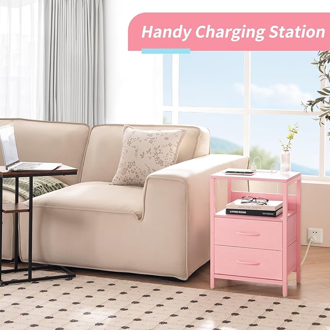 Yoobure Nightstand with Charging Station, Small Night Stand with Fabric Drawers and Storage Shelf for Bedrooms, Nightstands for Small Spaces, Bedside Table with USB Ports & Outlets Bed Side Table
