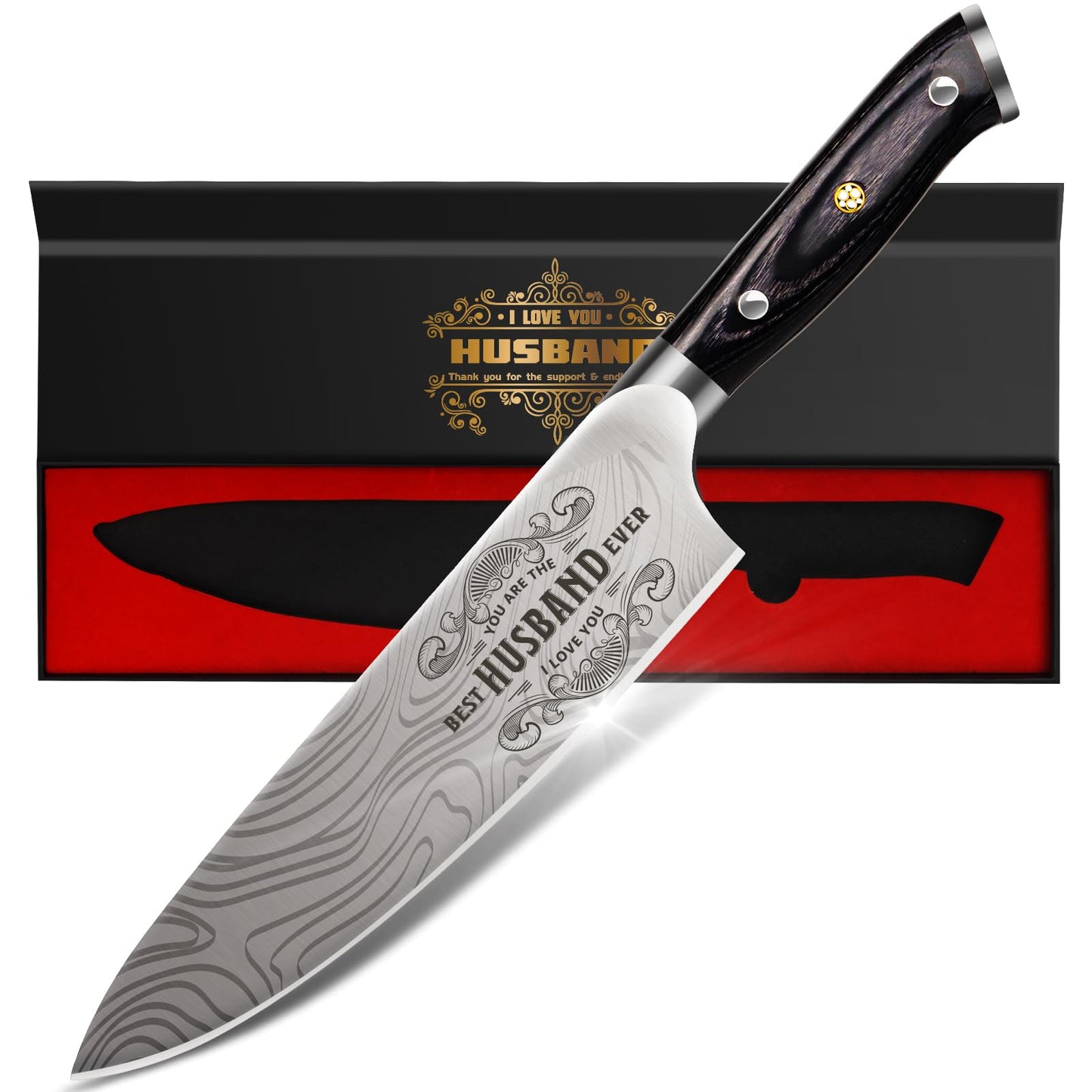 Funistree Anniversary Men Gifts for Him Husband, 8 inch Professional German Stainless Steel Chef Knife, Engraved Best Husband Ever Knife Gift, Christmas Anniversary Birthday Gifts for Men Husband