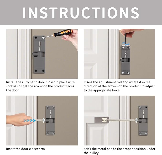 Automatic Door Closer, Safety Spring Door Closer Adjustable Self Closing Door Hinge Zinc Alloy Door Closers for Home, Up to 150Lb can be Pushed (Gray)