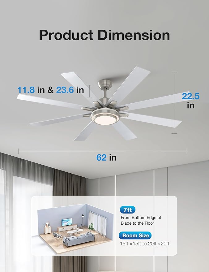 warmiplanet 62 Inch Indoor Ceiling Fans with Lights, 6 Speeds Slient Reversible DC Motor, 3 Color Dimmable LED Light, Timer, Nickel, 8 Blades