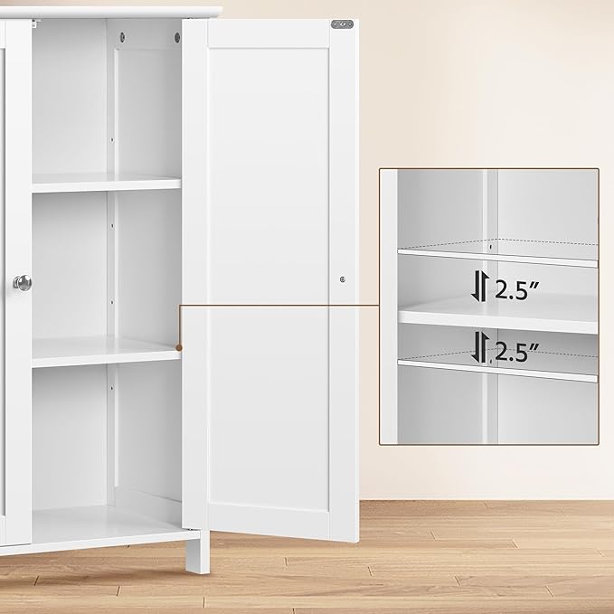 Yaheetech Bathroom Floor Cabinet, Modern Storage Freestanding Organizer Cabinet with Adjustable Shelves & Double Doors, 3-Tier Home Living Room Furniture, White