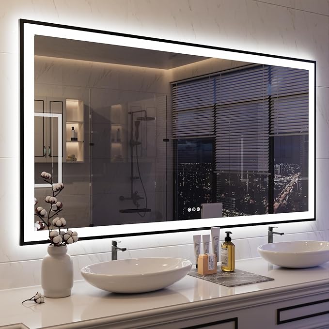 ISKM Framed LED Mirror for Bathroom 72"x40", Dimmable LED Bathroom Mirror with Lights, Anti-Fog, Front and Backlit Lighted Mirror 3-Colors, Shatterproof, Memory Function
