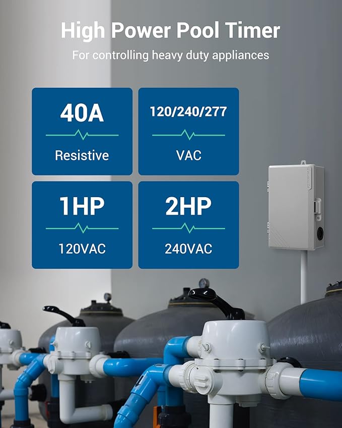 DEWENWILS WiFi Pool Pump Timer, Heavy Duty 40A 120-277 VAC 2HP Wireless Controller Timer for Pool, Water Heater, Works with Alexa, Google Assistant, Smart Life, ETL Listed