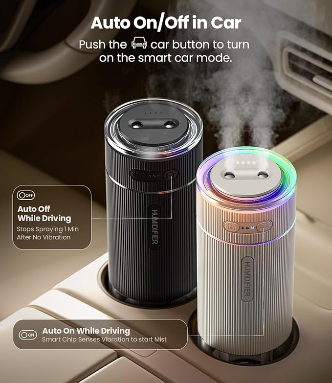 WSKEN Portable Small Humidifier for Bedroom - [Dual Nozzle Large Cool Mist] [Ambiance Lighting] [Car Smart On/Off] Ultrasonic Mini Personal Desk Air Humidifiers for Travel Office Baby Room,White
