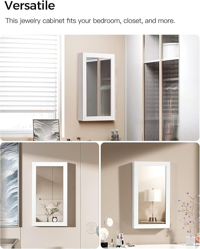 SONGMICS Lockable Jewelry Cabinet Armoire with Mirror, Wall-Mounted Space Saving Jewelry Storage Organizer, Christmas Gift, White UJJC51WT