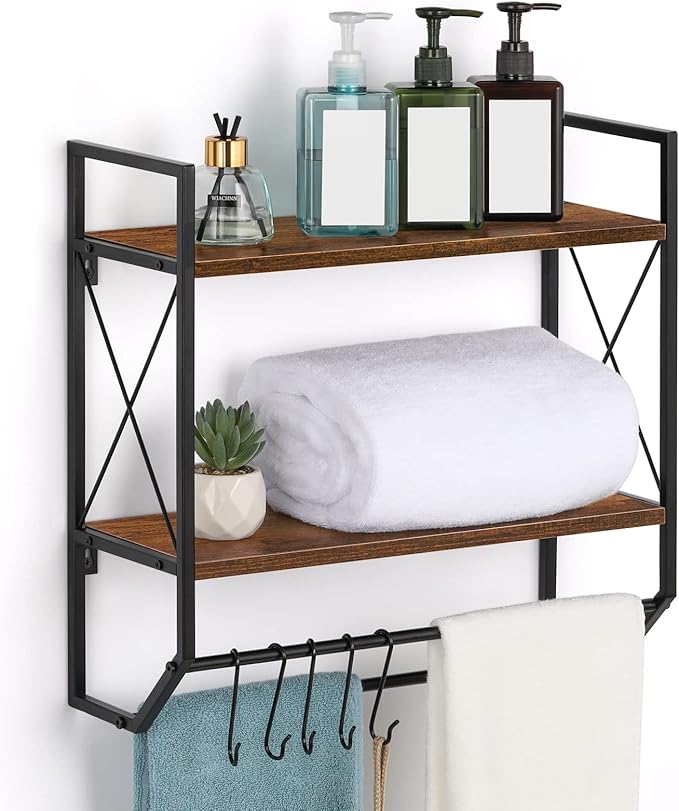 Bathroom Towel Rack 2 Tier Wall Shelf with Towel Bar, Rustic Towel Rack with Shelf for Wall Storage Shelves with Hooks Over Toilet Shelf Wall Mounted Towel Holder Shelf Floating Shelves for Home Brown