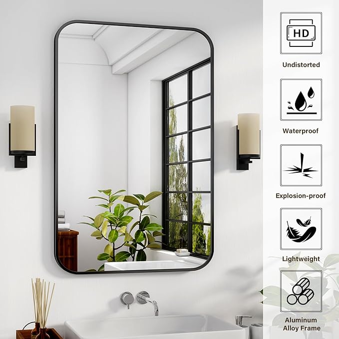 HARRITPURE Rectangular Bathroom Mirror 48''x30'' Black Bathroom Wall Mirror Aluminum Frame Wall-Mounted Mirrors for Entryway Bedroom Living Room