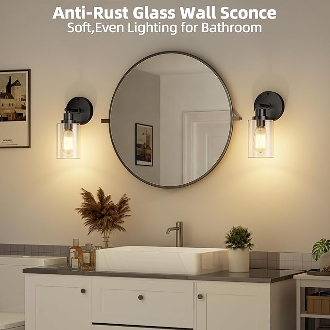 GORDNWE Set of 2 Bathroom Wall Sconce, Matte Black Vanity Light, Modern Wall Light Fixture with Clear Glass Shade and E26 Bulb Base, Wall Lamp Wall Mount Light Fixtures for Mirror, Bedroom