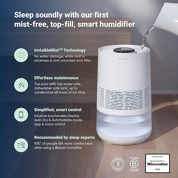BLUEAIR Premium Smart Humidifier for Large Rooms, Bedrooms, Better Sleep with Evaporative Invisible Mist Tech, Auto Humidify, Easy Top Fill, Smart Control with App, Touchscreen, 3.5L Tank for 48 hours