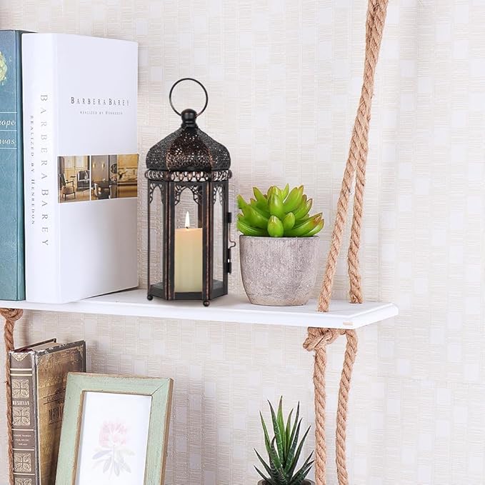 DECORKEY Vintage Medium Size Lantern Decorative Indoor & Outdoor, Moroccan Hanging Lantern with Clear Glass, Metal Tabletop Candle Lanterns for Front Porch Patio Decor, Christmas Decorations