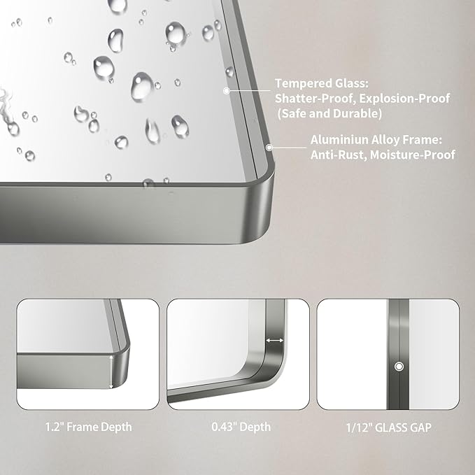 LOAAO 24X32 Inch Brushed Nickel Bathroom Mirror, Rounded Rectangle Silver Metal Frame Mirror, Brushed Nickel, Anti-Rust, Shatter Proof, Hangs Horizontally or Vertically