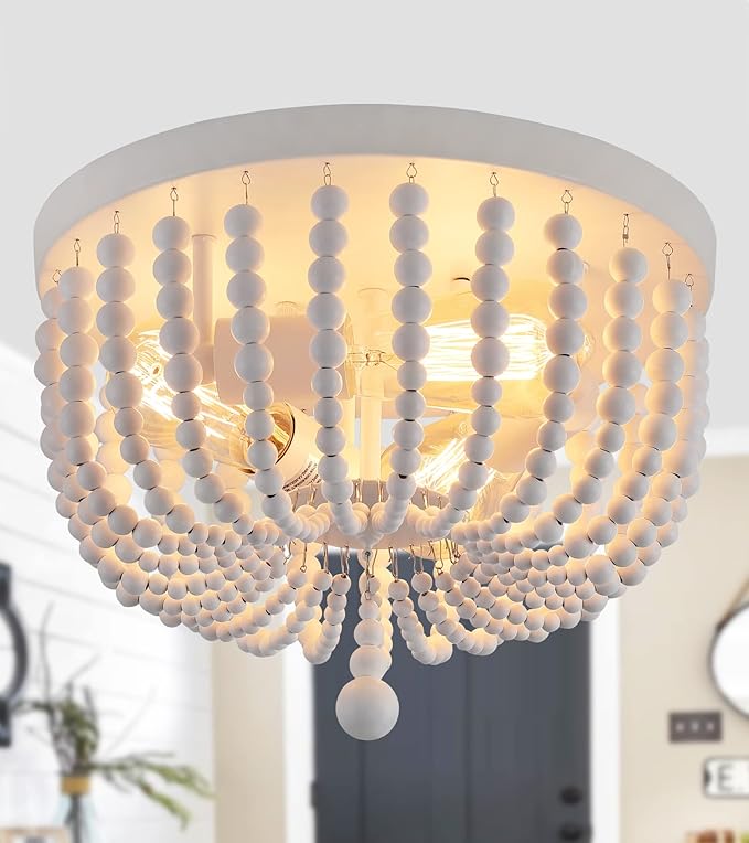 Q&S White Boho Beaded Chandeliers Flush Mount Ceiling Light,3-Lights Small Chandelier Light Fixture for Bedroom,Kitchen,Dining Room,Living Room,Stairway Gazebo