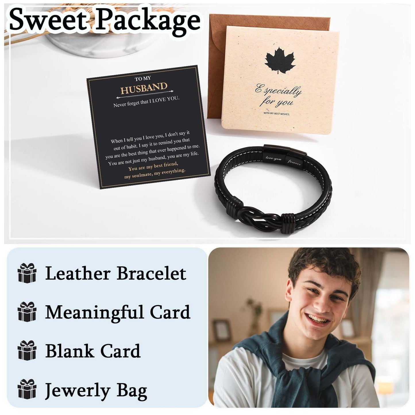 FIEEFX Husband Gifts Leather Bracelet Christmas Birthday Valentines Day Fathers Day Anniversary Thanksgiving Gifts for Him Husband Men