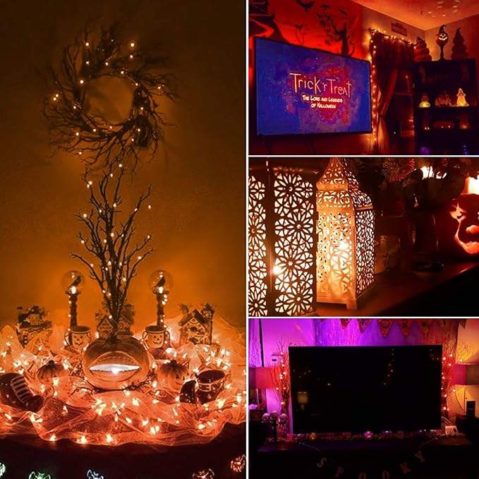 Halloween Orange Fairy String Lights: 12 Pack 7 Ft 20 LED Battery Operated Firefly Lights on Black Wire Starry Moon Lights for DIY Party Bedroom Patio