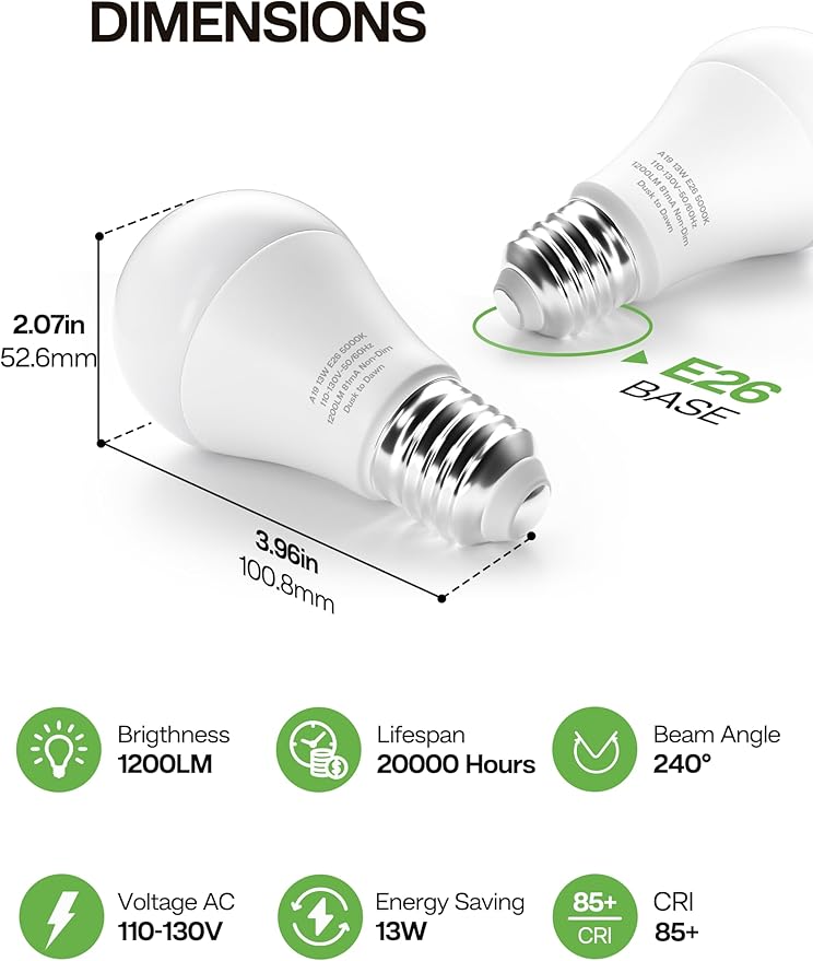 Dusk to Dawn Sensor LED Outdoor Light Bulb, Warm White 3000K, A19 13W(100 Watt Equivalent) Bright Porch Lighting, 1200LM, Auto-On/Off Photocell Sensor for Garage Yard Patio Garden- 6 Pack