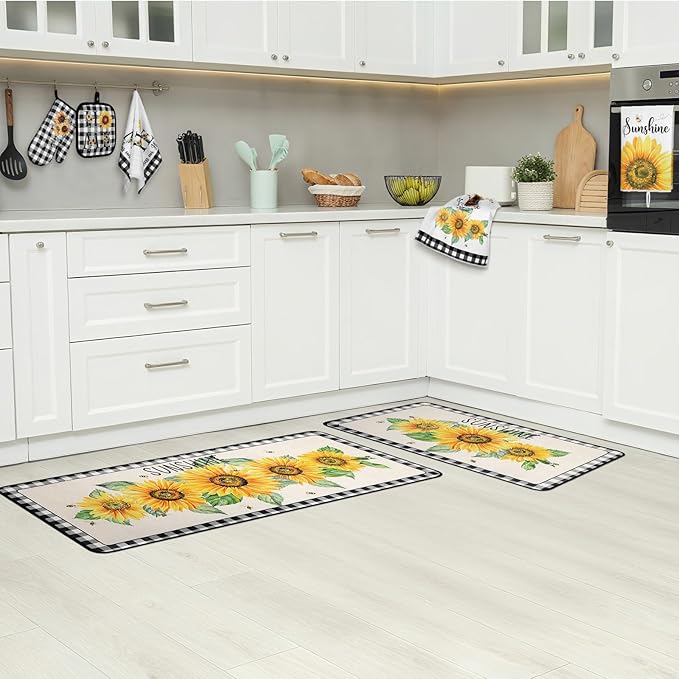 10 Pcs Sunflower Kitchen Decor 4 Black and White Buffalo Plaid Dish Towels 2 Buffalo Check Pot Holders 2 Rustic Sunflower Oven Mitts 2 Yellow Rugs for Cooking Baking Mom Housewarming Gift