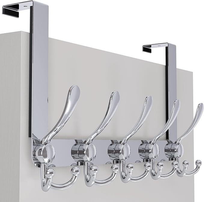 SKOLOO Over The Door Hook - for Doors up to 1-3/4'' Thickness, Metal Door Hanger with 5 Triple Hooks, Over The Door Hanger for Coats, Hats,Towels, Silver, Assembly Required