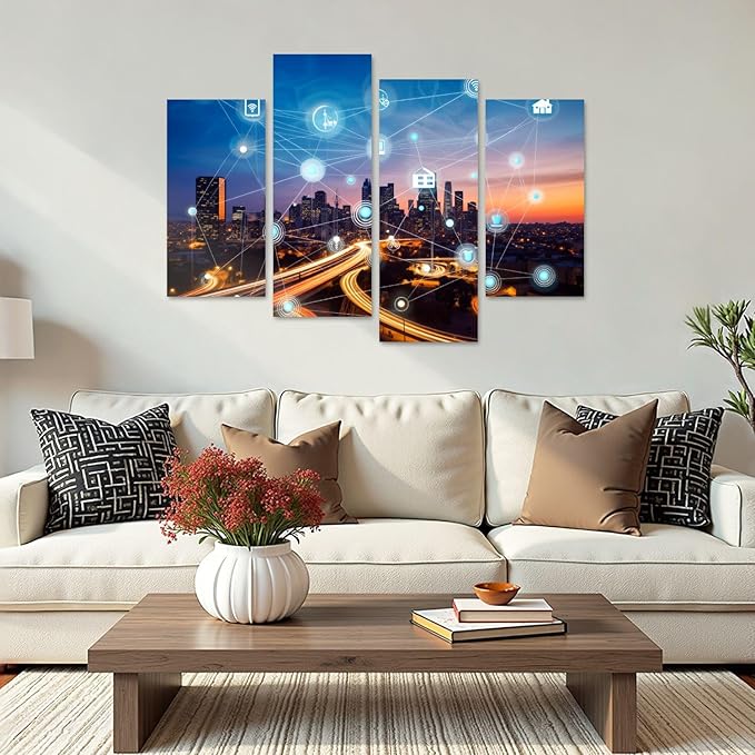Canvas Wall Art Prints Pictures smart city wireless communication network Framed Posters Modern Wall Painting Artwork Gift Home Decor for Living Room Ready to Hang 4 Panel
