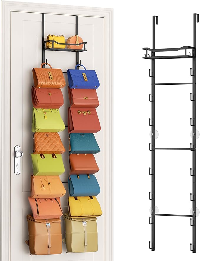 SWTYMIKI Over The Door Purse Organizer - Wall Mounted Purse Rack with 16 Hooks and Metal Basket, Hanging Handbag Storage Organizer Holds up to 16 Bags, Bag Rack Can Use As 1/2 Part, for Door, Closet