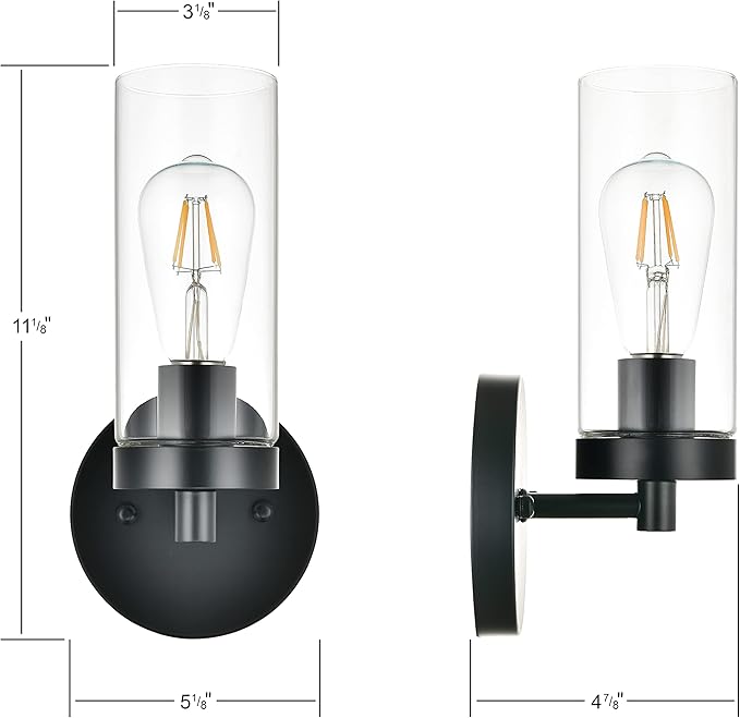 1-Light Simple Matte Black Indoor Hardwired Vanity Wall Lights Fixture with Clear Glass Shade, Vintage Wall sconces Lighting Decor for Kitchen Living Room Hallway Bathroom Bedroom Bedside