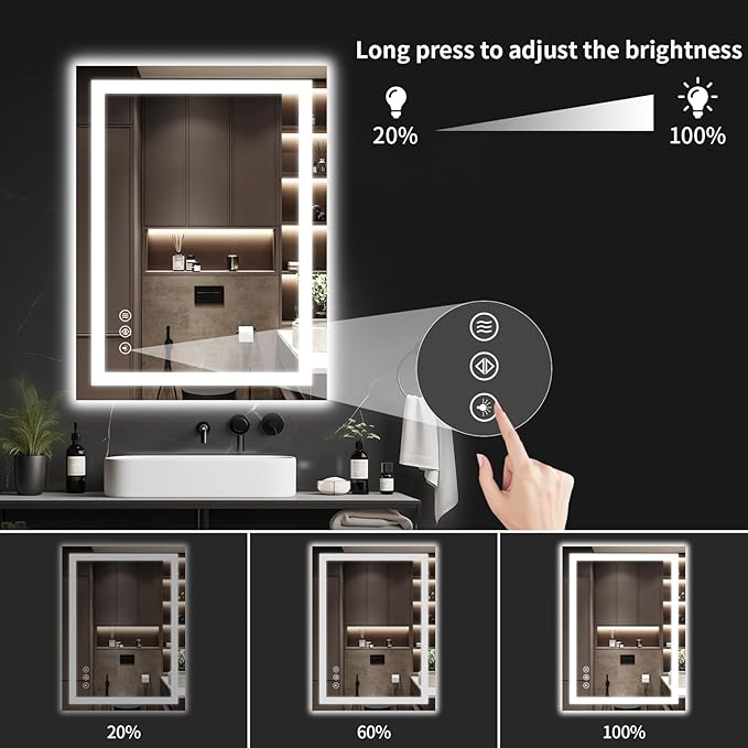 30"x36" LED Bathroom Mirror with Lights, Dimmable, Anti-Fog, Lighted Bathroom Vanity Mirror for Wall, Backlit + Front Lit, Memory Function, Shatter-Proof, Tempered Glass