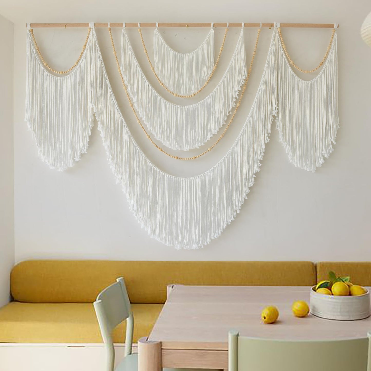 Flber Large Macrame Wall Hanging – Boho Yarn Art Garland with Tassels and Beads, Handmade Rope Decor for Nursery, Party, Wedding, Bedroom, Fireplace Mantel, or Photo Backdrop 57" W x 41"" L"
