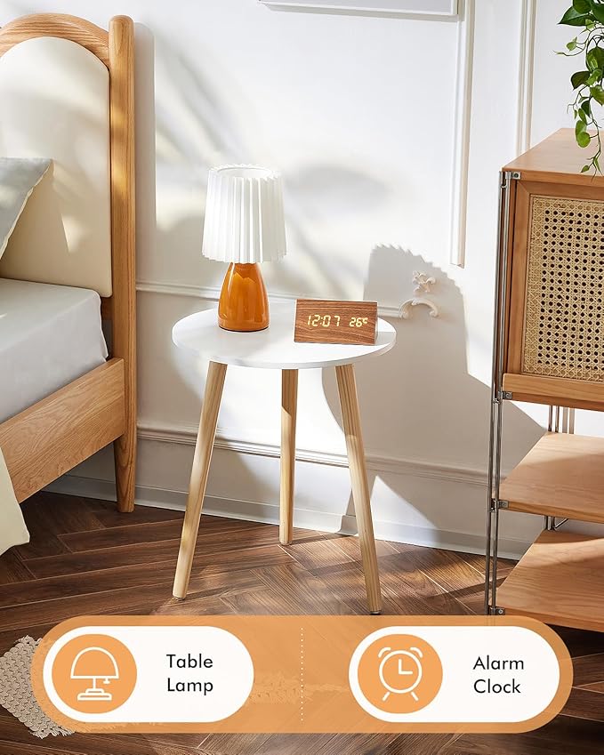 Apicizon Round Side Table, White Bedside Table Coffee End Table for Bedroom, Living Room, Small Spaces, Easy Assembly Nightstands with Natural Wood Legs, 16.5 x 20.5 Inches