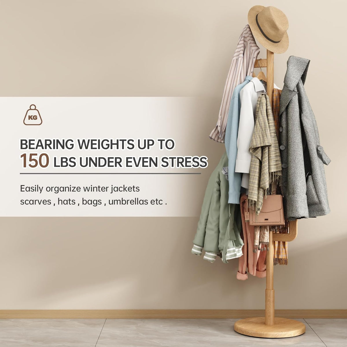 Solid Wood Cactus Coat Rack, Freestanding Coat Rack With 6 L-Shaped Hooks and 3 Adjustable Sizes, Coat Tree for Bedroom, Entryway, Livingroom, Coat Hanger Stand for Coats, Handbags (Natural)