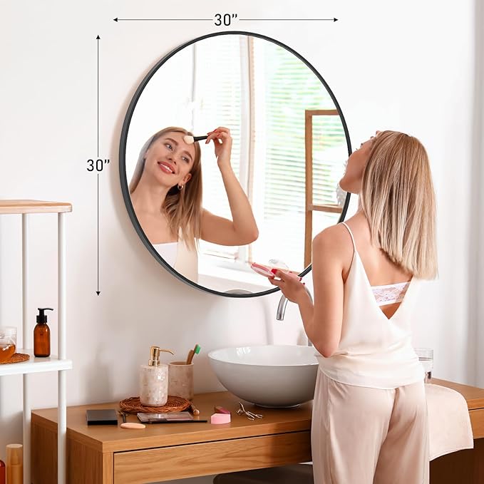Sweetcrispy Black Round Wall Mirror 30 Inch, Bathroom Mirrors for Over Sink, Wall Decor for Bathroom, Entryway, Bedroom, Vanity