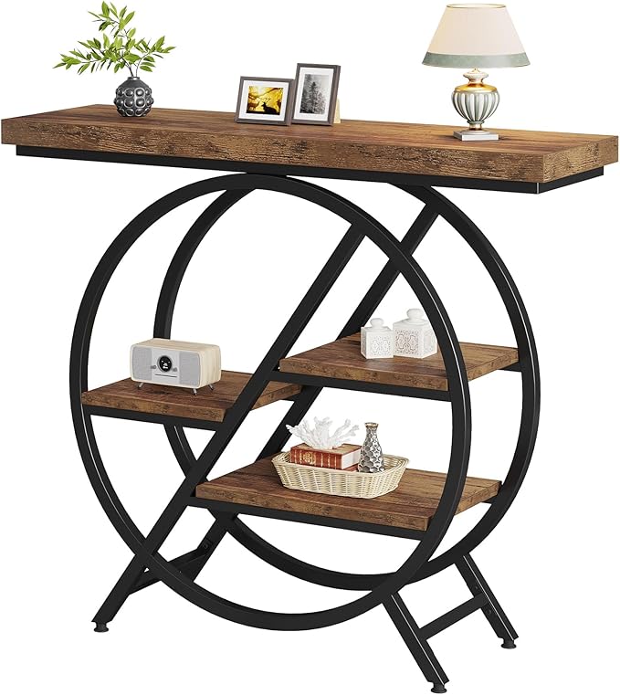 Tribesigns Console Table, 40-Inch Entryway Table with Storage Shelves, 4-Tier Industrial Hallway Sofa Table with Geometric Metal Frame, Accent Table for Living Room, Entryway, Rustic Brown