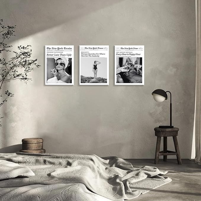 Audrey Hepburn Newspaper Trendy Wall Art Set of 3,Framed Wall Art for Bedroom,Black and White Wall Decor for Bathroom,Magazine Headline News Better Late Than Ugly Prints,New York Times Canvas Bathroom Wall Decor,12x16inch