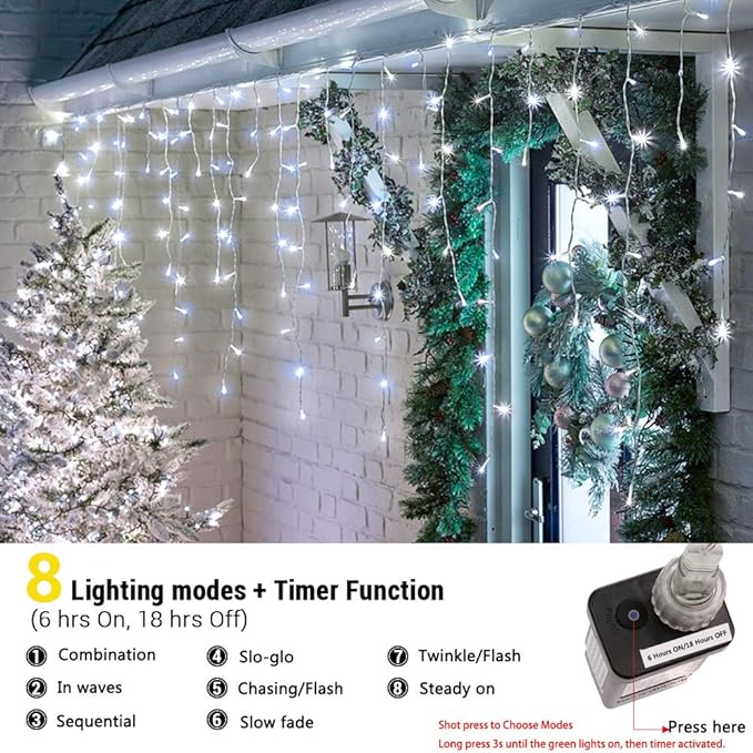 Toodour Christmas Icicle Lights Outdoor, 612 LED 50ft 8 Modes Fairy Icicle String Light with 102 Drops, Led Christmas Lights Twinkle for Holiday, Party, Wedding, Eaves, Xmas Decorations (White)