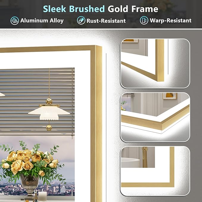 30x36 Gold LED Bathroom Mirror with Lights, Brushed Gold Framed Backlit and Front Lit Anti-Fog Lighted Vanity Mirrors for Bathroom Wall, Dimmable, 3 Colors, Memory, HD Tempered Glass, CRI＞90