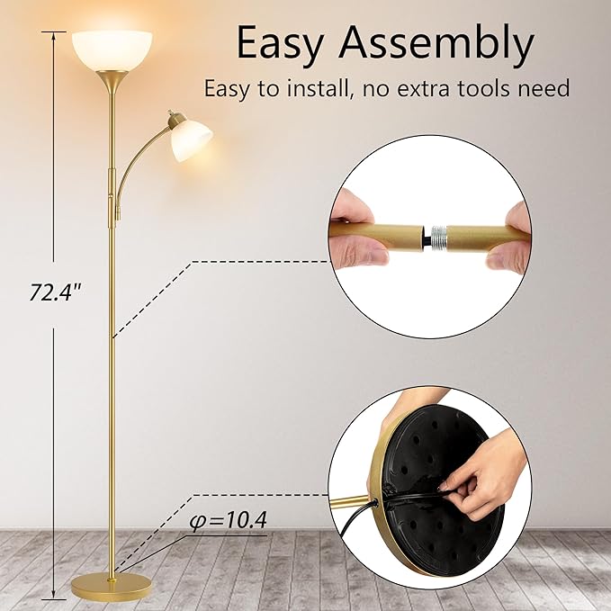 Floor Lamp, Standing lamp, Stepless Dimming Brightness, Included 9W and 5W LED Bulbs, Lamp for Living Room, Bedroom, Office, Reading
