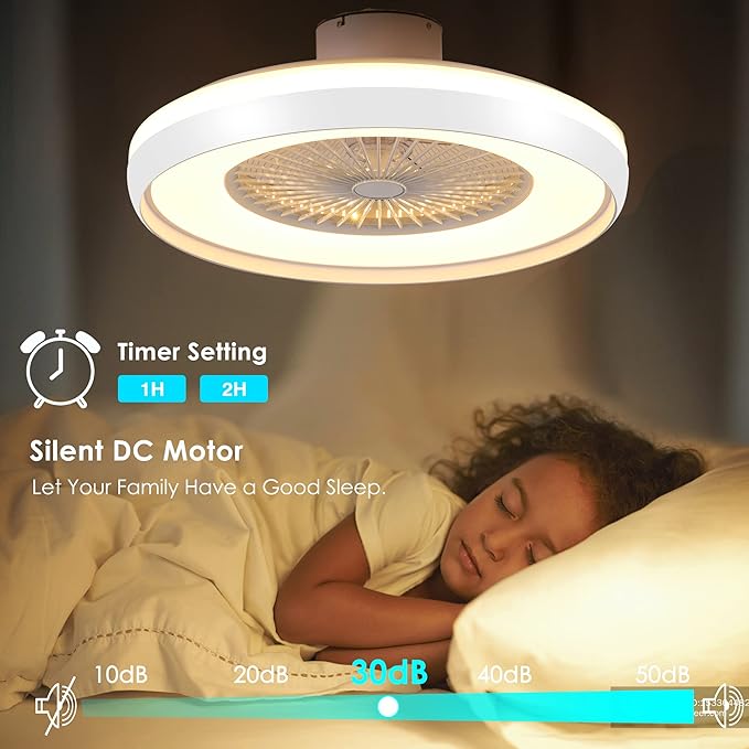 24" Bladeless Ceiling Fan with Light Remote, Smart LED Ceiling Fans with App Control, Modern Low Profile Dimmable Light Ceiling Fan for Bedroom Living Room White