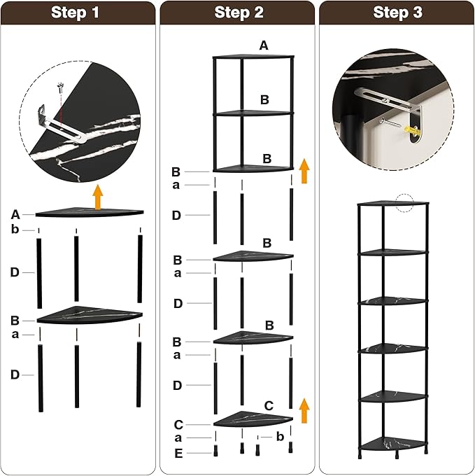 Book Shelf Corner Shelf, 6 Tier Corner Bookshelf Display for Living Room Decor, 54.4" Standing Shelves Bookcase Organizer, Marble Black Storage Shelves for Bedroom, Bathroom, Small Space