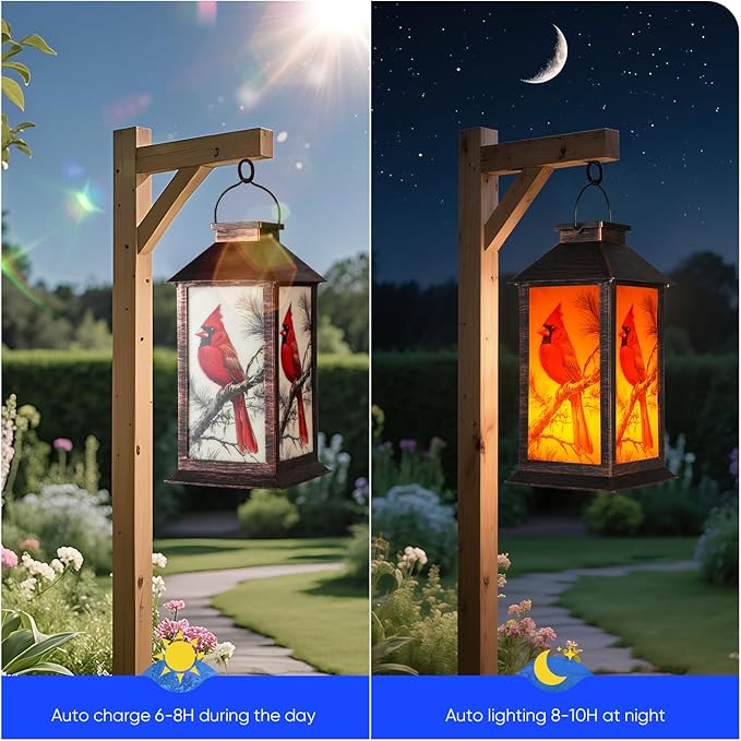 Homemory Hanging Solar Lanterns Outdoor Waterproof, Solar Cardinal Lights with LED Flickering Flameless Candles, Gifts for Women Mom, Outside Lantern Decoration Garden Yard Patio Lawn Porches Park