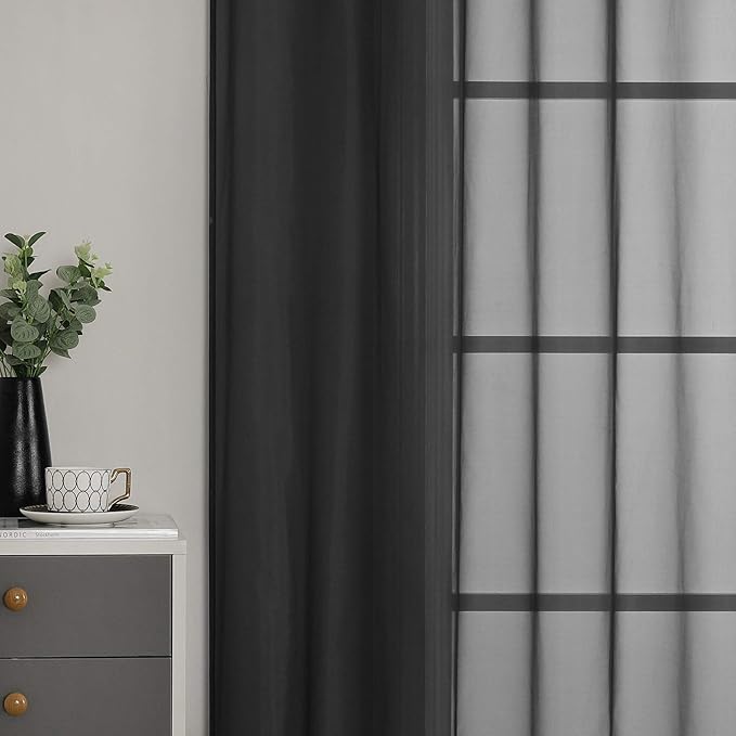KEQIAOSUOCAI Patio Door Sheer Curtain Panels - 108 inch Length Ceiling to Floor Extra Long Voile Drape Curtains Window Treatment for Sliding Glass Door (Jet Black,2 Pieces,W 54 x L 108 inches Long)