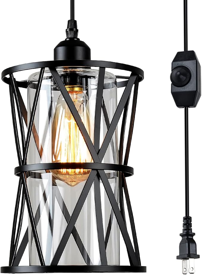 HMVPL Farmhouse Plug in Pendant Light, Outdoor Swag Lamp with Plug in Cord On/Off Dimmer, Plug in Hanging Light Fixture for Dining Room Bedroom Kitchen Island(1 Pack)