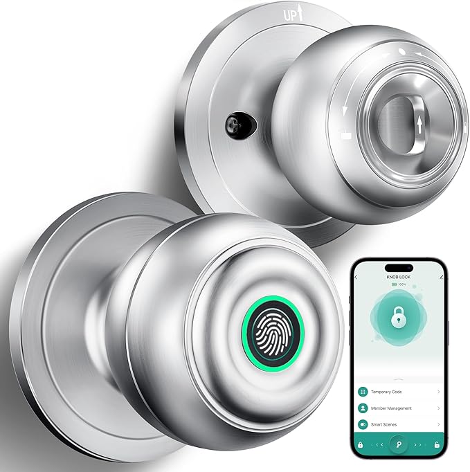 Fingerprint Door Lock, Smart Fingerprint Door Knob with Lock, Biometric Door Locks with App Control & Key, Keyless Thumbprint Entry Door Locks for Bedroom, Front Door, Home, Apartment-Silver