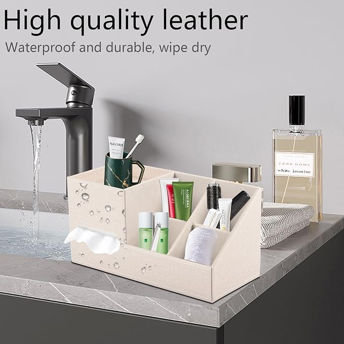 Plus Size Tissue Box Cover-Square Linen Tissue Cover with Side Storage and Tray,Modern Makeup Organizer,Leather Tissue Holder Decorative Cube Organizer for Living Room Vanity NightStand Office,Beige