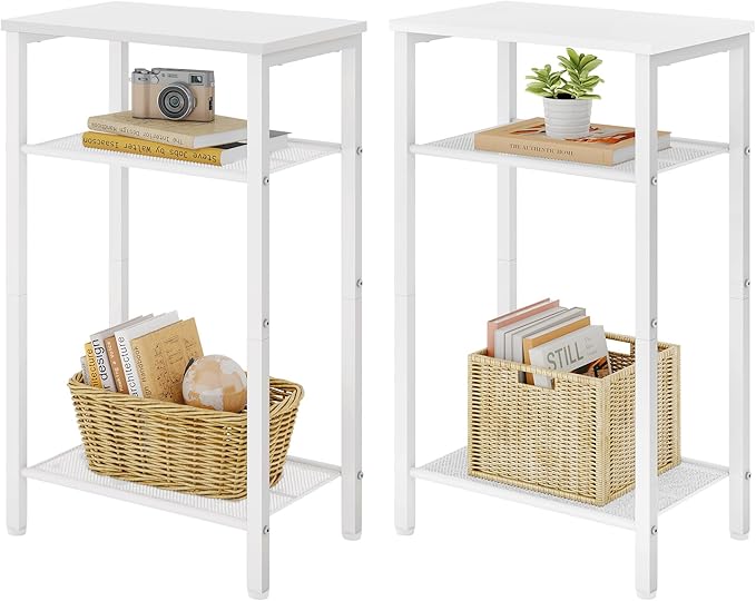 Hoctieon 2-Set 3 Tier End Table, Telephone Table Set of 2, Tall Side Table with Storage Set of 2, Small Nightstand for Small Spaces, Metal Frame, White