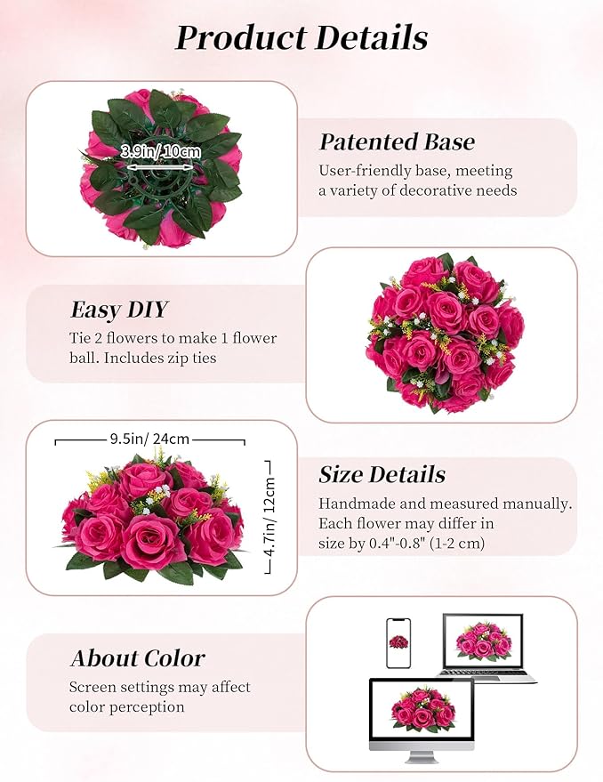 BLOSMON Pink Roses Artificial Flowers: 6 Pcs Hot Pink Fake Flower Balls for Wedding Dinning Table Centerpieces - Fake Silk Kissing Bouquet Floral Arrangement for Home Party Event Decor