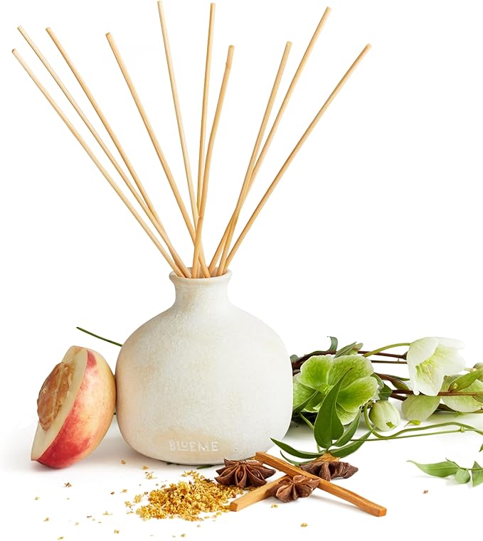 Blueme Calm Diffuser | Osmanthus & Sandalwood | 5.92 Fl Oz - Refillable Wellness Diffuser, Contains Essential Oil, Sustainable, Hand Finished, Premium, Luxury Ceramic, Natural Rattan Reeds, | Small